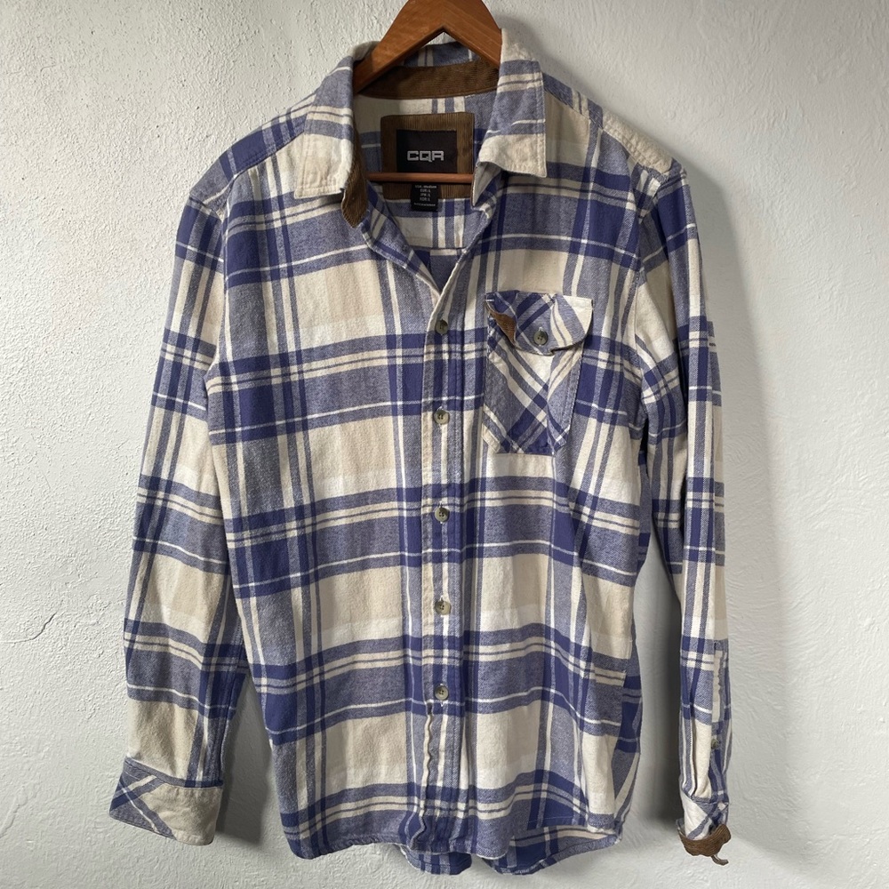 Men's Blue and White Plaid Shirt